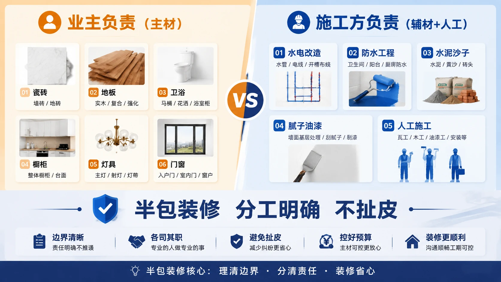厦门半包装修全解析：半包费用构成、业主自购主材清单、辅材采购避坑要点，千达成装饰半包装修施工与主材采购分工对比指南