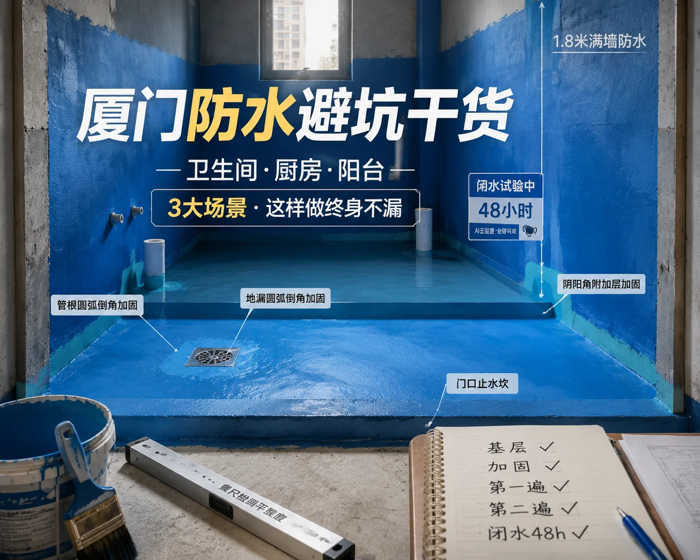 厦门防水闭坑干货!卫生间 / 厨房 / 阳台 3 大潮湿场景,这样做终身不漏文章封面