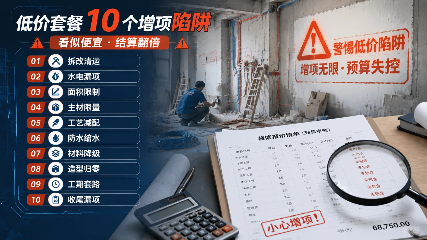 展示低价套餐10个增项陷阱关键词列表(拆改清运、水电漏项、面积限制、主材限量、工艺减配、防水缩水、材料降级、造型归零、工期套路、收尾漏项)