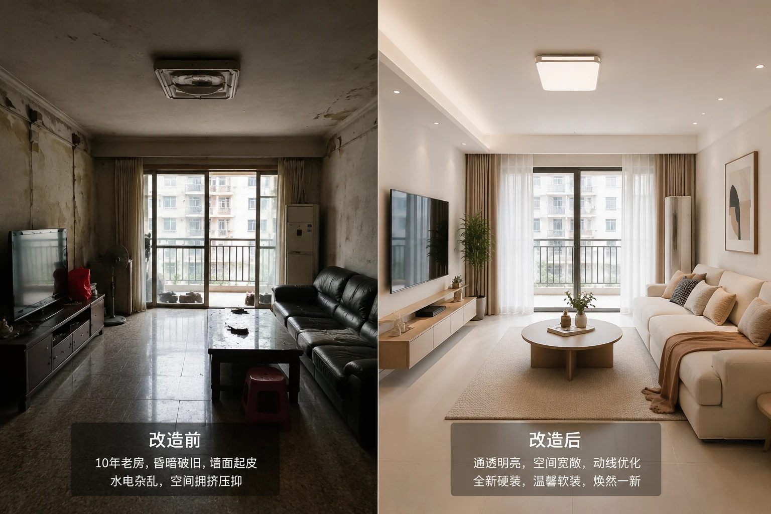 厦门10年房龄老房翻新前后对比,千达成装饰90天焕新完工实景,左侧为改造前老旧昏暗客厅,右侧为改造后通透明亮现代简约风格客厅