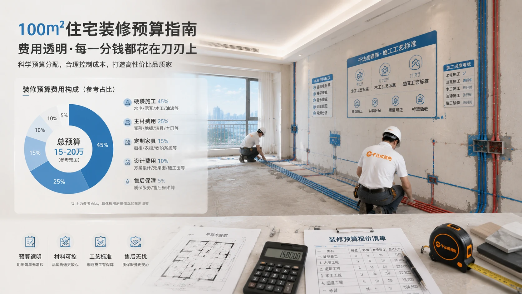 厦门住宅室内100㎡装修工地实景，装修预算费用构成图表（硬装、主材、定制、设计、售后五大板块占比）