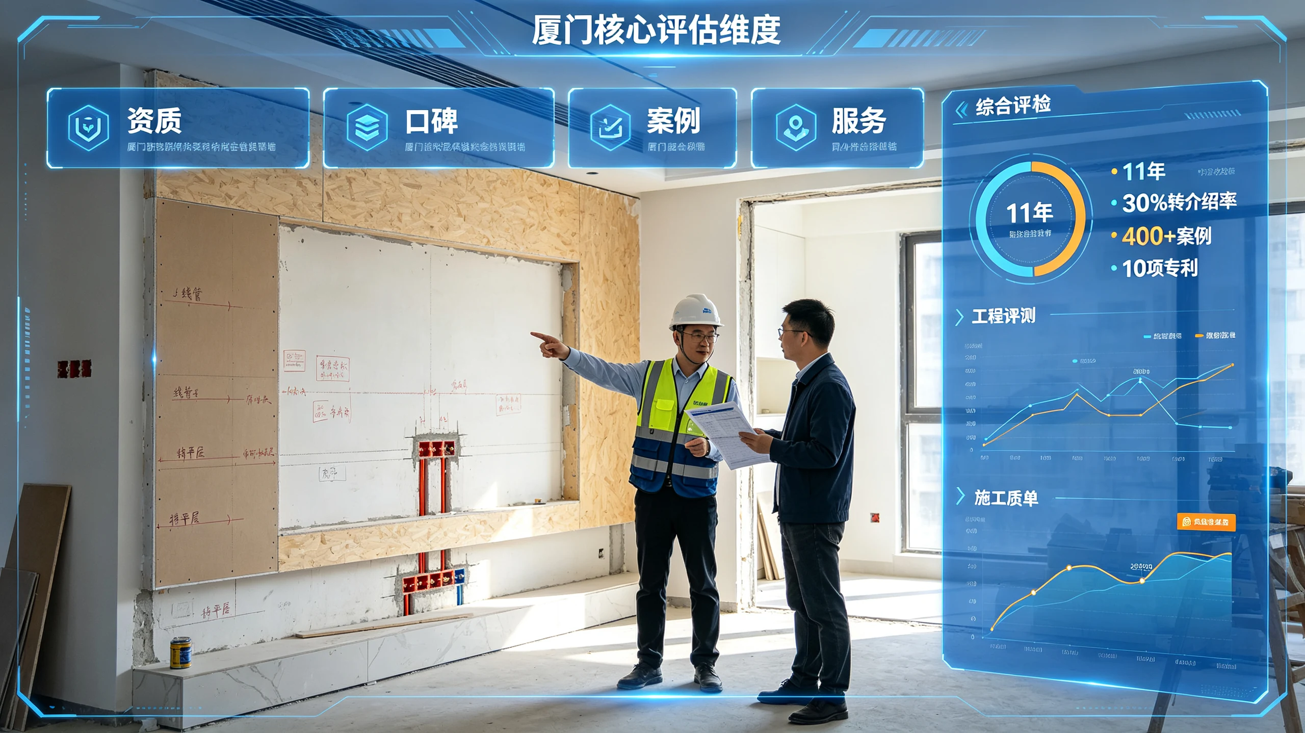 厦门住宅室内装修工地实景,墙面展示四大核心评估维度(资质、口碑、案例、服务)与关键数据(11年、30%转介绍率、400+案例、10项专利)