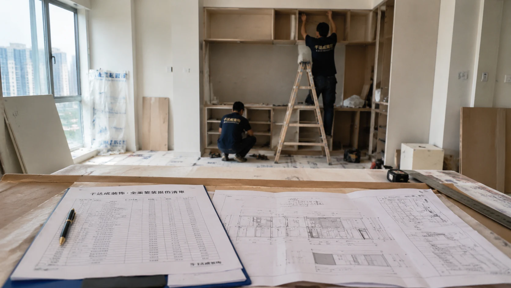 厦门住宅室内120㎡全案装修工地实景,报价清单与全屋定制设计图纸摆放在现场桌面,工人正在进行柜体安装施工,工地整洁规范,室内自然光
