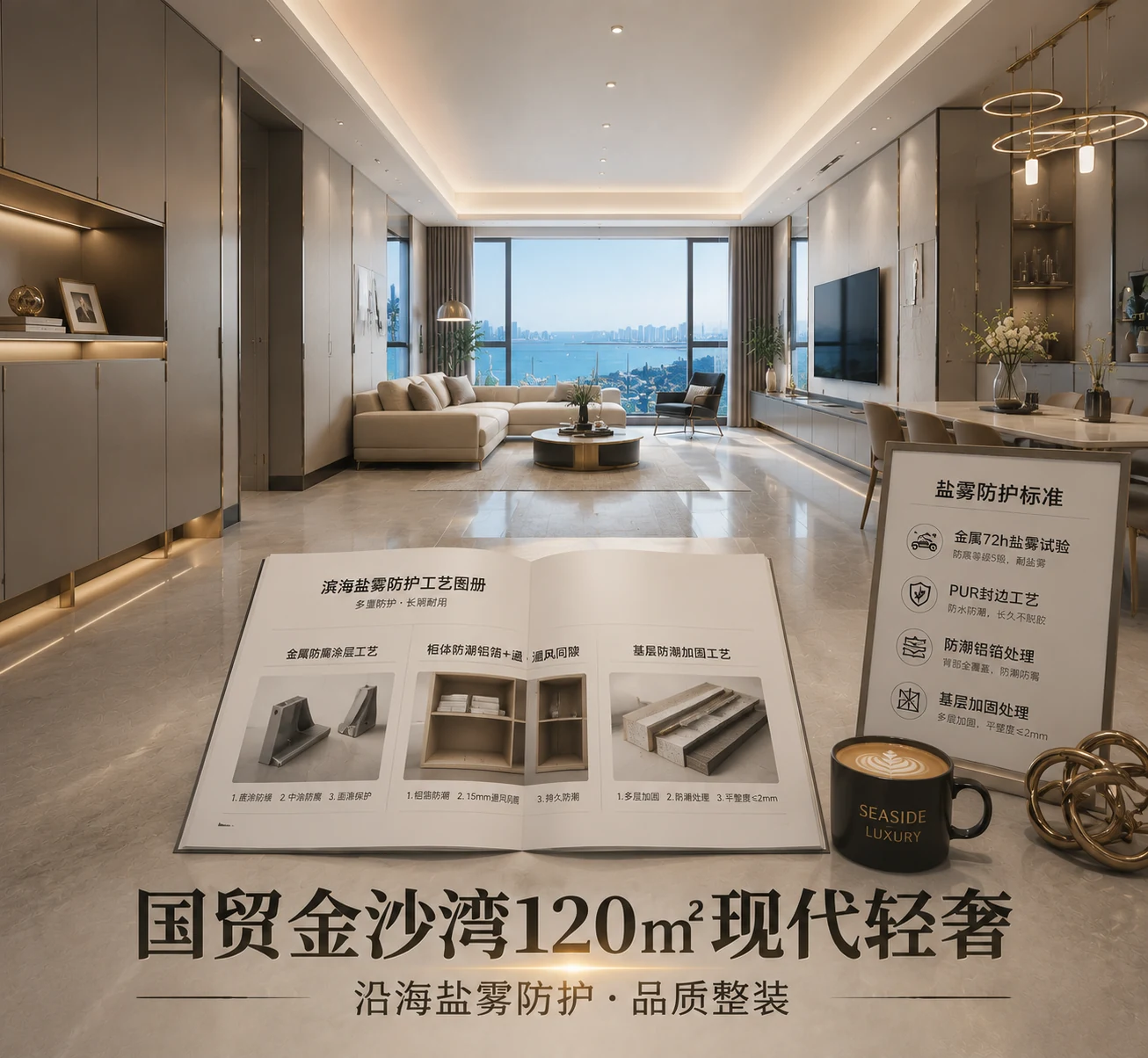 千达成装饰厦门同安环东海域国贸金沙湾120㎡现代轻奢实景,浅灰极简基底金属细线条勾勒柔和灯光氛围,落地窗外环东海域海景,滨海盐雾防护工艺图册展示金属防腐涂层柜体防潮铝箔通风间隙基层加固等核心工艺剖面,盐雾防护标准展示板列出金属72h盐雾试验PUR封边防潮铝箔基层加固四项标准,体现沿海住宅现代轻奢整装与盐雾防护双重落地效果