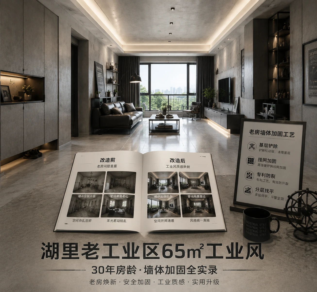 千达成装饰厦门湖里老工业区65㎡30年房龄工业风翻新实景,浅灰水泥质感墙面浅灰柔光砖通铺极简金属线条点缀,工业风家具软装搭配利落,老房改造前后对比册展示从空鼓开裂到质感焕新的转变,老房墙体加固工艺展示板列出基层铲除挂网加固专利防裂分层找平四项核心工艺,体现30年房龄老房墙体加固与工业风格重塑落地效果