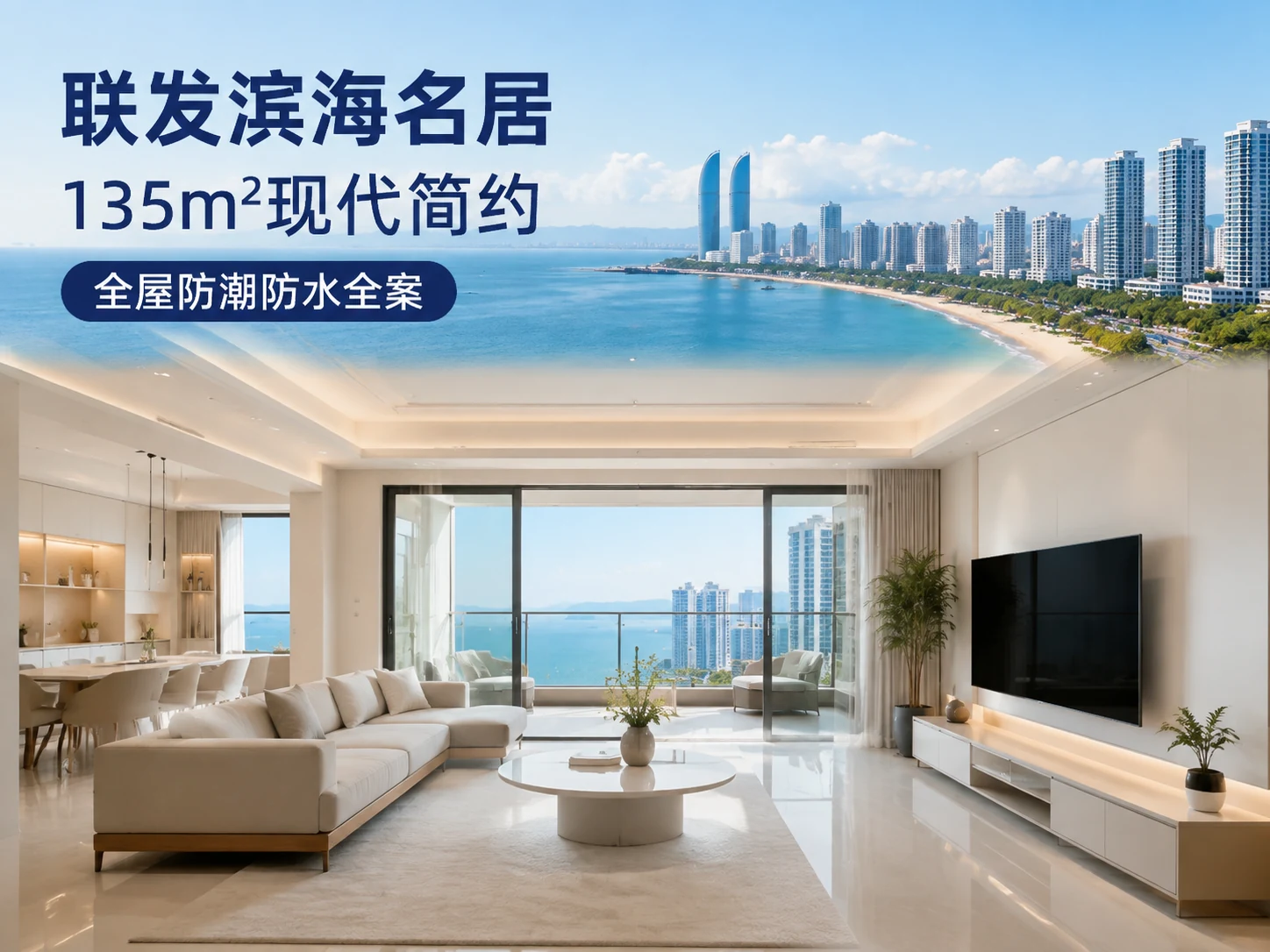 厦门联发滨海名居135㎡现代简约风格全屋防潮防水全案完工实景,千达成装饰沿海住宅装修案例,滨海海景与室内通透客厅实景融合