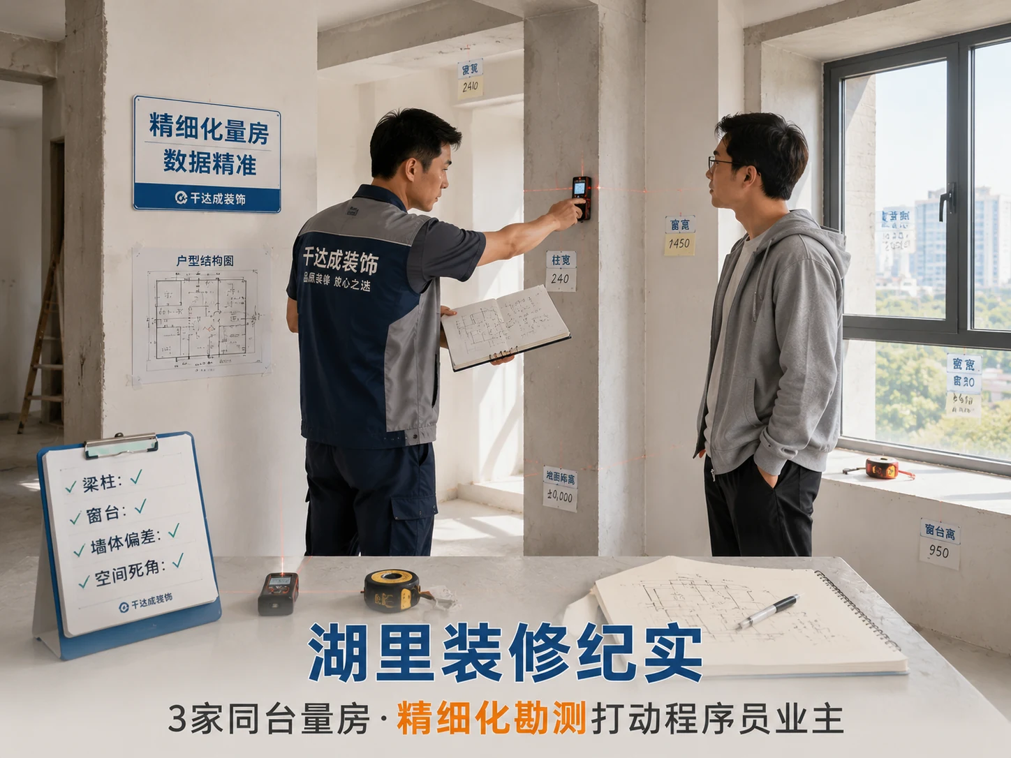 千达成装饰厦门湖里前埔装修案例，设计师手持激光测距仪精细化测量梁柱窗台墙体结构等细节，记录本标注密密麻麻尺寸数据，业主程序员在旁观察认可，精细化量房标识牌展示量房项目全覆盖，体现细节战胜距离专业打动预算的装修纪实场景