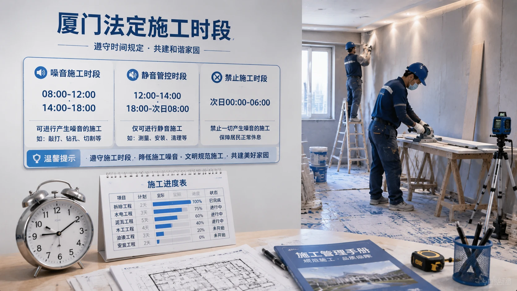 厦门住宅室内装修工地实景,墙面展示厦门法定施工时段图表(噪音施工时段/静音管控时段/禁止施工时段),时钟与施工进度表等时间管理工具,工人正在进行标准化静音施工