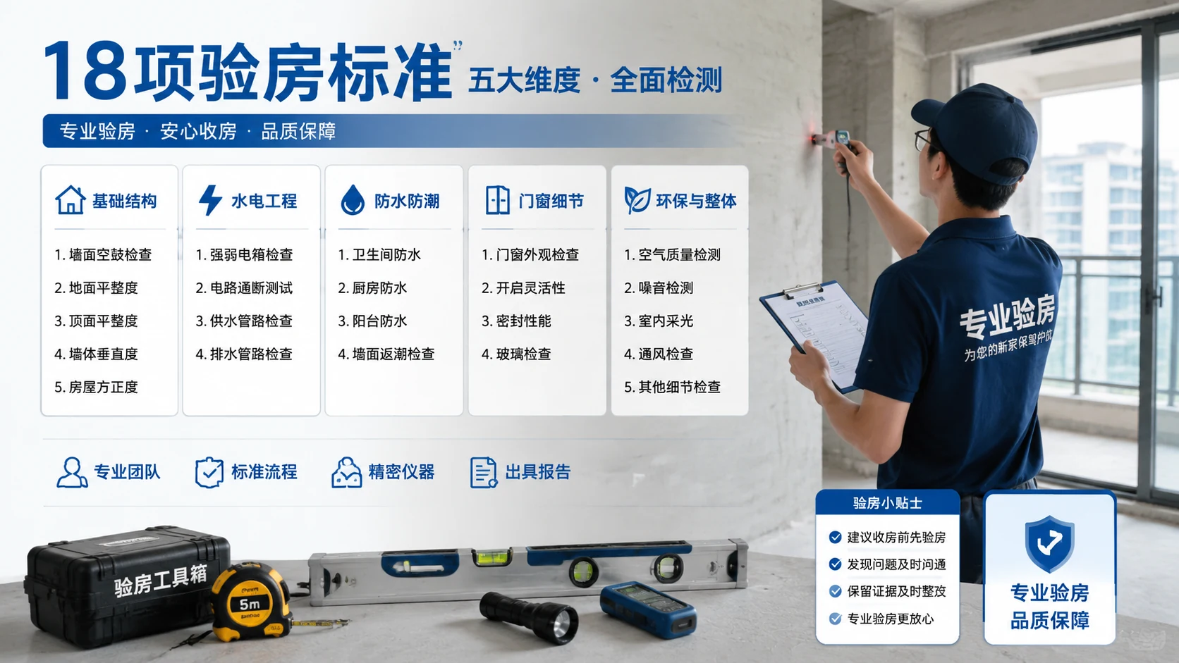 墙面展示18项验房标准分类图表(基础结构、水电工程、防水防潮、门窗细节、环保与整体五大维度)