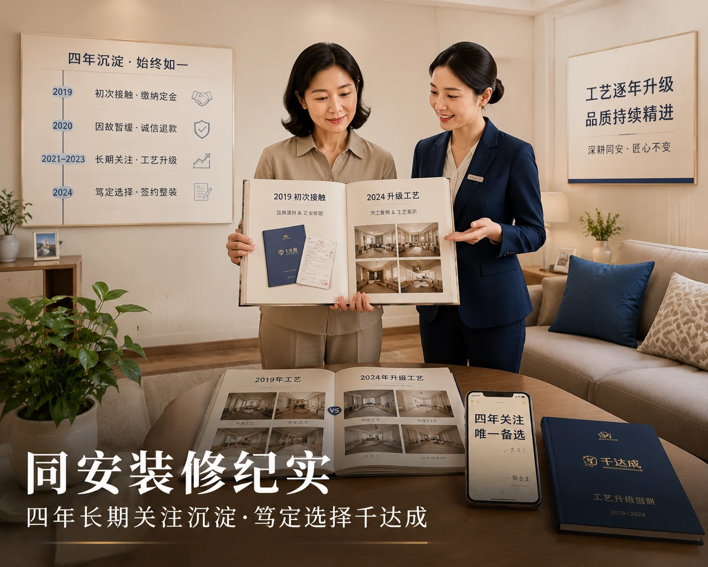 千达成装饰厦门同安钟楼安置房装修案例，业主与设计师在客厅中共同翻阅四年时间轴相册，从初次缴纳定金到诚信退款再到长期关注工艺升级最终笃定签约，茶几上工艺升级图册展示2019与2024年工艺对比，四年信任沉淀时间轴展示完整脉络，体现四年长期关注沉淀、工艺逐年迭代、笃定选择的装修纪实场景