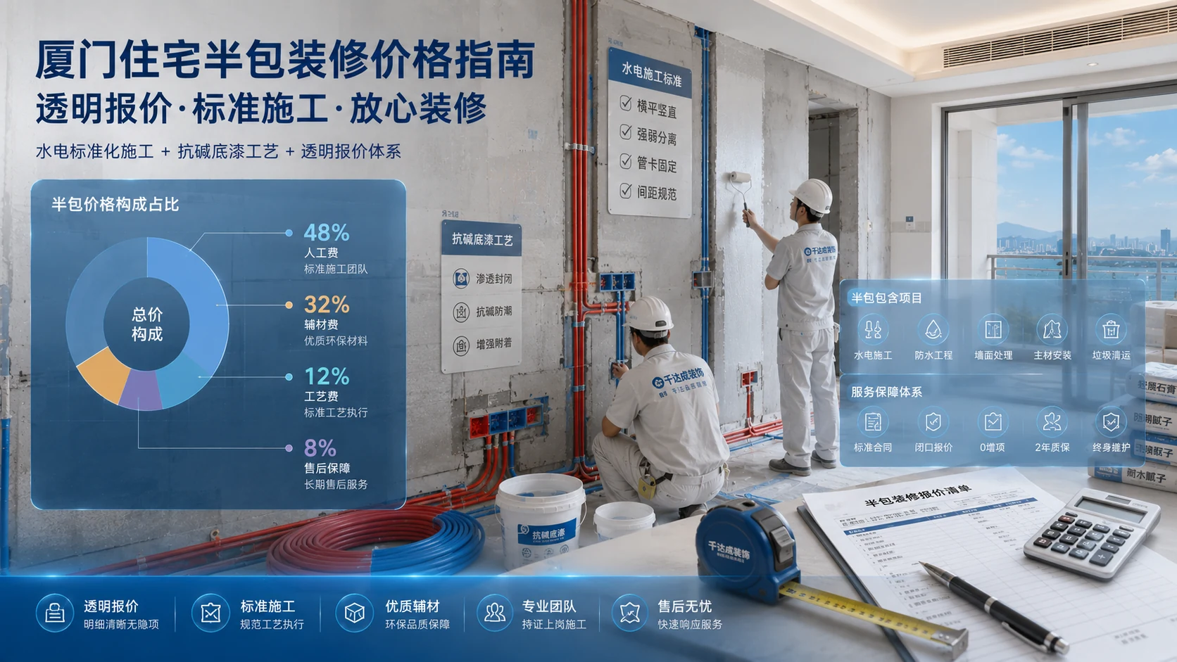 厦门住宅室内装修半包施工现场，墙面展示水电管线标准化排布与抗碱底漆涂刷工艺，半透明数据图表叠加层显示价格构成占比（人工48%、辅材32%、工艺12%、售后8%），卷尺与报价清单等装修预算工具，工人正在进行水电管线施工，室内精装修环境