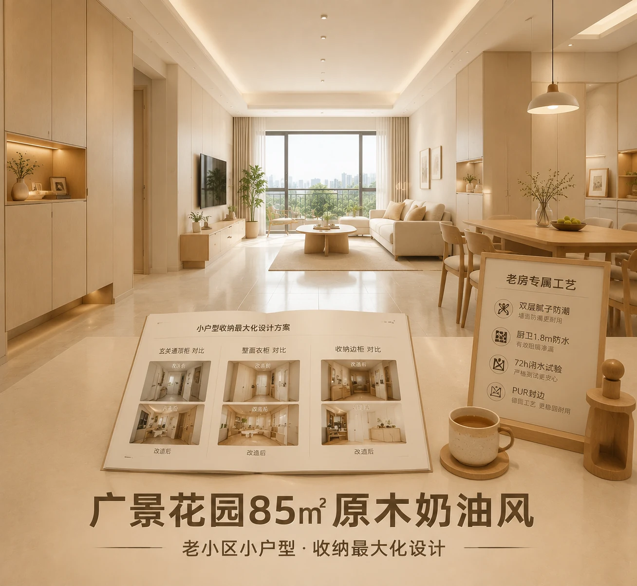 千达成装饰厦门思明广景花园85㎡原木奶油风实景,奶油色墙面原木通顶柜体浅色柔光砖通铺,一体化设计弱化空间割裂,小户型收纳最大化设计方案图册展示通顶玄关柜整面衣柜收纳边柜核心设计,老房专属工艺展示板列出双层腻子防潮厨卫1.8m防水72h闭水试验PUR封边四项工艺,体现思明老小区小户型收纳最大化原木奶油风格焕新效果