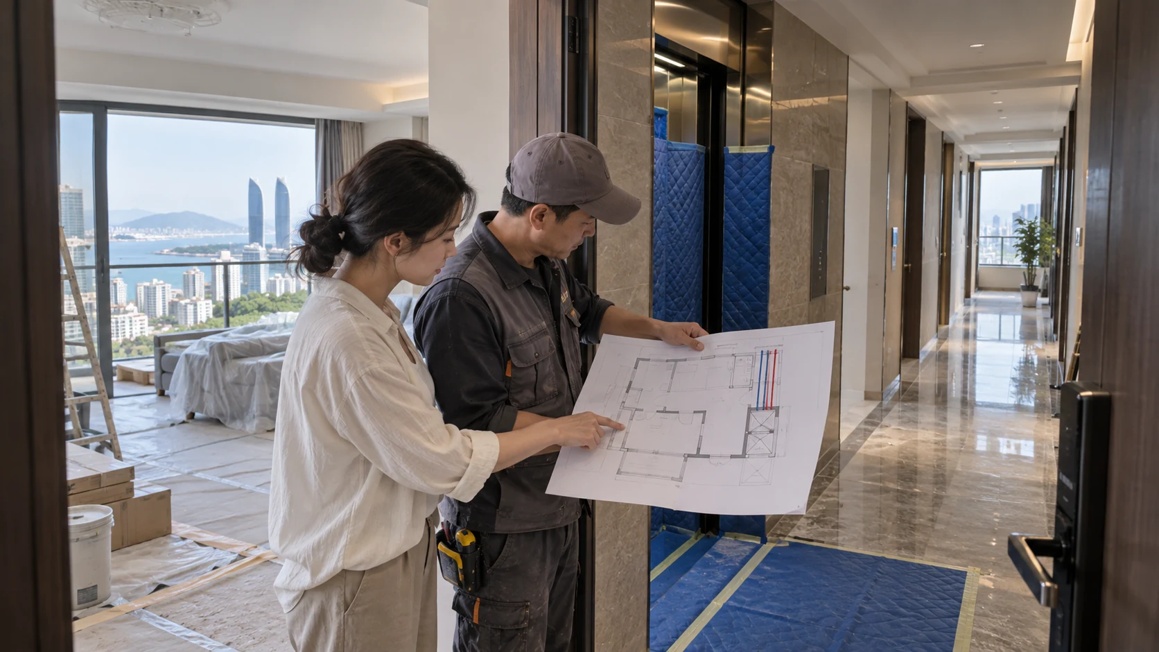 高层公寓入口与公共走廊的施工保护场景中，业主和施工人员对照平面计划检查服务电梯和管线位置。