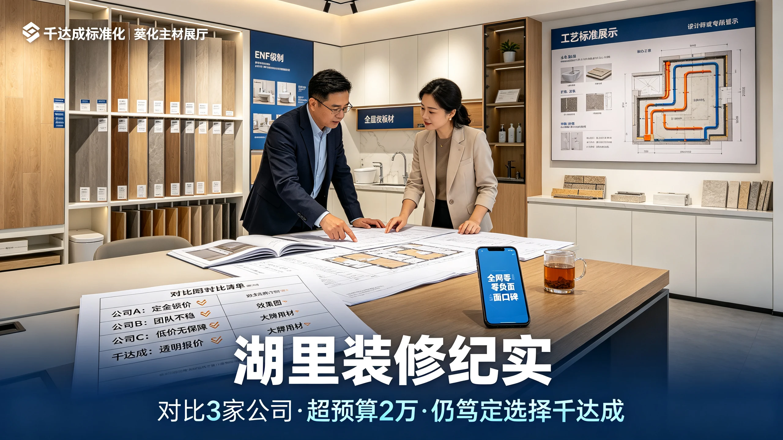 千达成装饰厦门湖里海天楼老房翻新案例,业主与设计师在标准化主材展厅共同审阅全屋效果图与精准明细报价单,对比清单显示三家岛内公司分别存在定金锁价团队不稳低价无保障问题,千达成以透明报价效果图大牌用材胜出,背景为品牌主材展厅全屋定制展厅工艺标准展示板,体现跨区域对比3家公司后超预算仍笃定签约的装修纪实场景