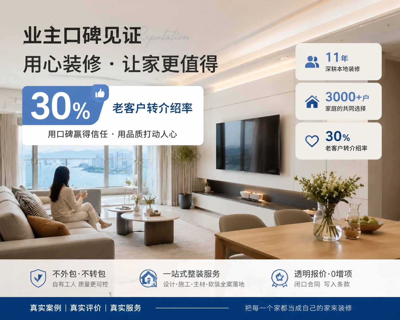 厦门千达成装饰30%老客户转介绍率口碑数据展示,完工业主实景评价,11年服务超3000户厦门家庭,透明报价标准化施工