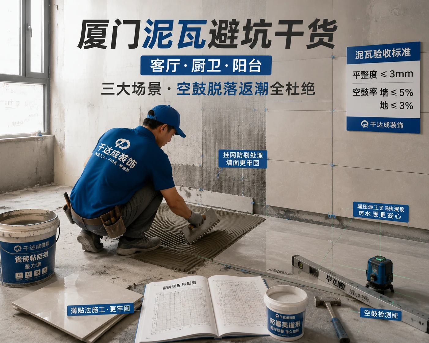 厦门泥瓦避坑干货!客厅/厨卫/阳台三大贴砖场景,空鼓脱落返潮全杜绝文章封面