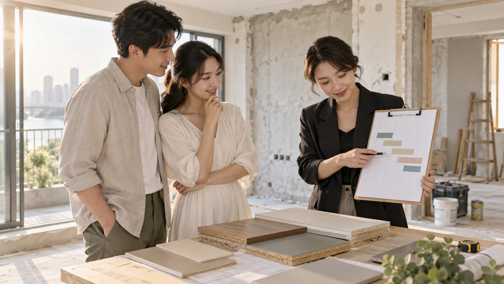 婚房装修现场中，一对新人和设计师查看施工进度安排与环保板材样品，背景为明亮的待装修公寓空间。