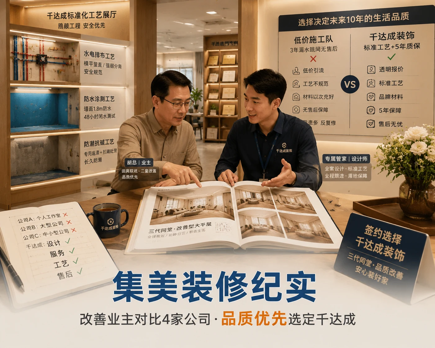 千达成装饰厦门集美水晶湖郡改善型装修案例，业主与设计师在标准化工艺展厅共同审阅三代同堂全屋效果图，桌面对比笔记显示4家公司筛选过程，背景工艺展厅展示水电防水等隐蔽工程标准工艺，对比板展示低价施工队踩坑与千达成标准工艺质保对比，体现旧房踩坑后品质优先对比4家公司选定千达成的装修纪实场景