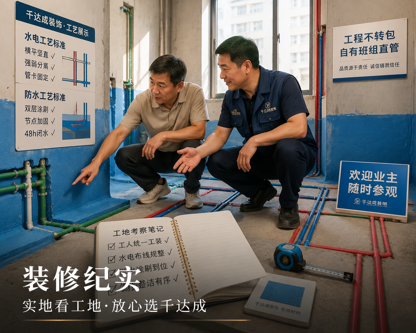 千达成装饰厦门装修工地实景案例,业主与监理在在建工地共同考察水电布管横平竖直强弱分离管卡固定与防水涂刷节点加固闭水试验等隐蔽工程工艺,墙面上工程不转包自有班组直管承诺牌和工艺标准说明,工地考察笔记记录工人统一工装水电规范防水到位现场整洁四项核验结果,体现业主实地看工地后放心委托千达成装饰的装修纪实场景