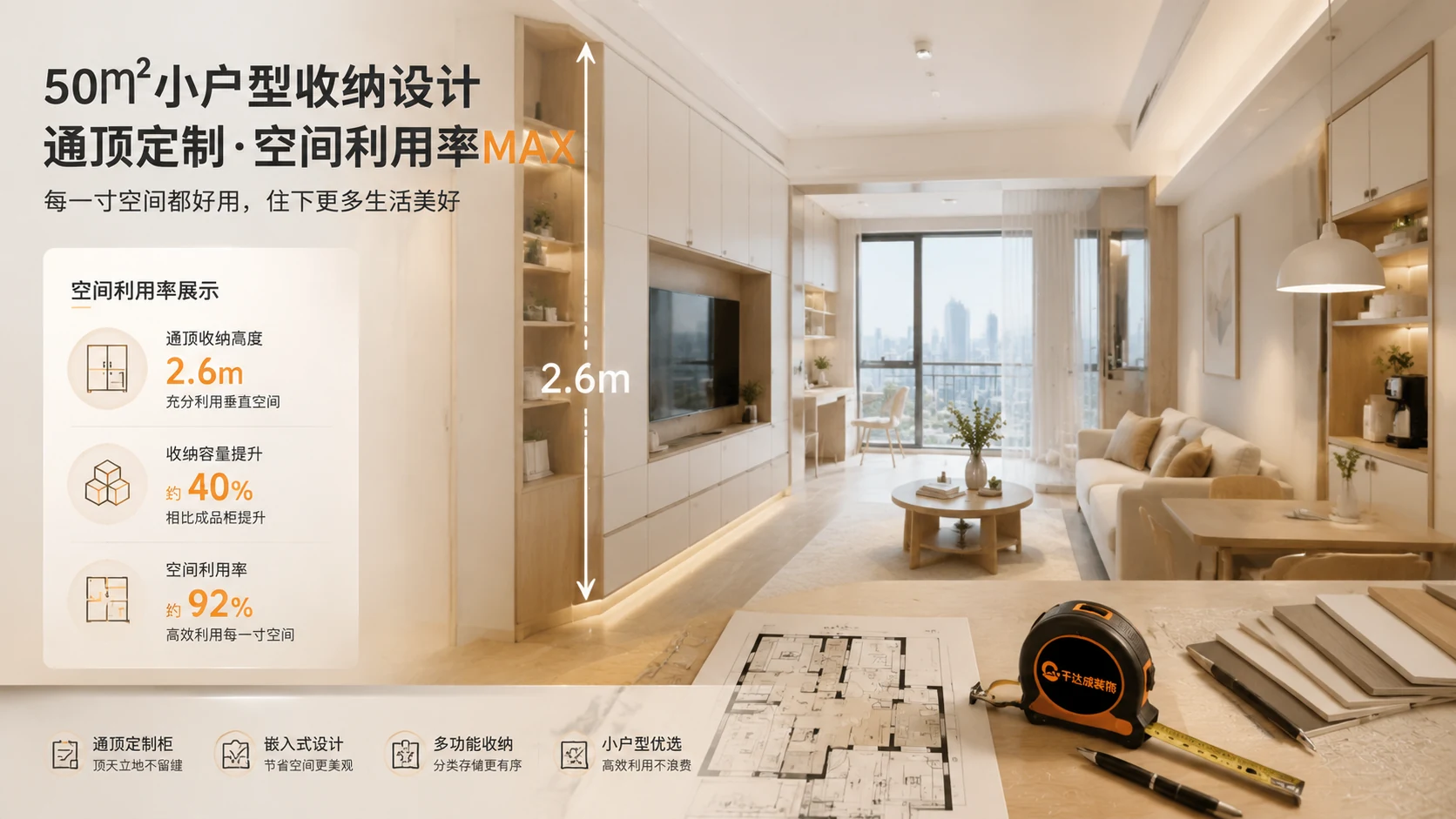 厦门住宅室内50㎡小户型装修实景，通顶定制收纳柜与嵌入式柜体设计细节清晰可见，竖向空间利用率展示，卷尺与户型图等设计工具，室内精装修环境，暖白色与原木色为主色调，空间开阔通透感强，干净简洁的现代家居风格