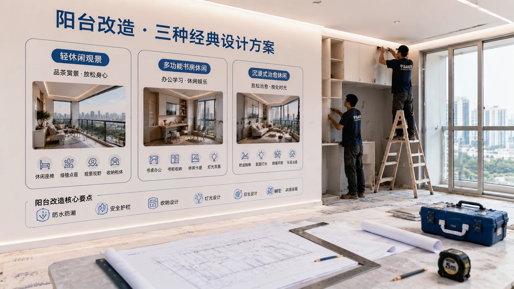 厦门住宅室内阳台局部改造工地实景，墙面展示阳台改造三种经典设计方案示意图（轻休闲观景、多功能书房休闲、沉浸式治愈休闲），室内阳台装修环境