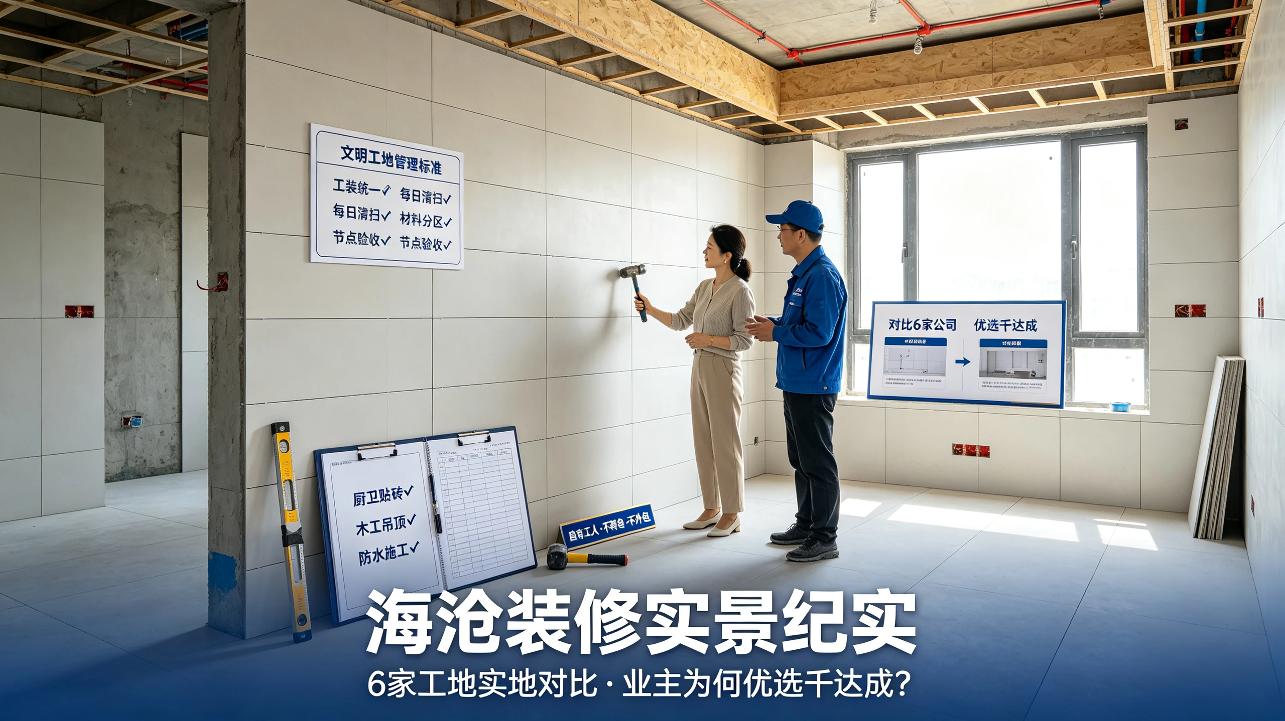 千达成装饰厦门海沧装修实景纪实,业主与监理在整洁有序的工地中检查厨卫贴砖平整度与缝隙均匀度,木工吊顶结构规整,文明工地管理标准标识牌显示工装统一每日清扫材料分区节点验收四项达标,验收记录本记录四大核心工序验收通过,自有工人不转包不外包标识,体现对比6家公司后优选千达成的工地实景与标准化施工品质