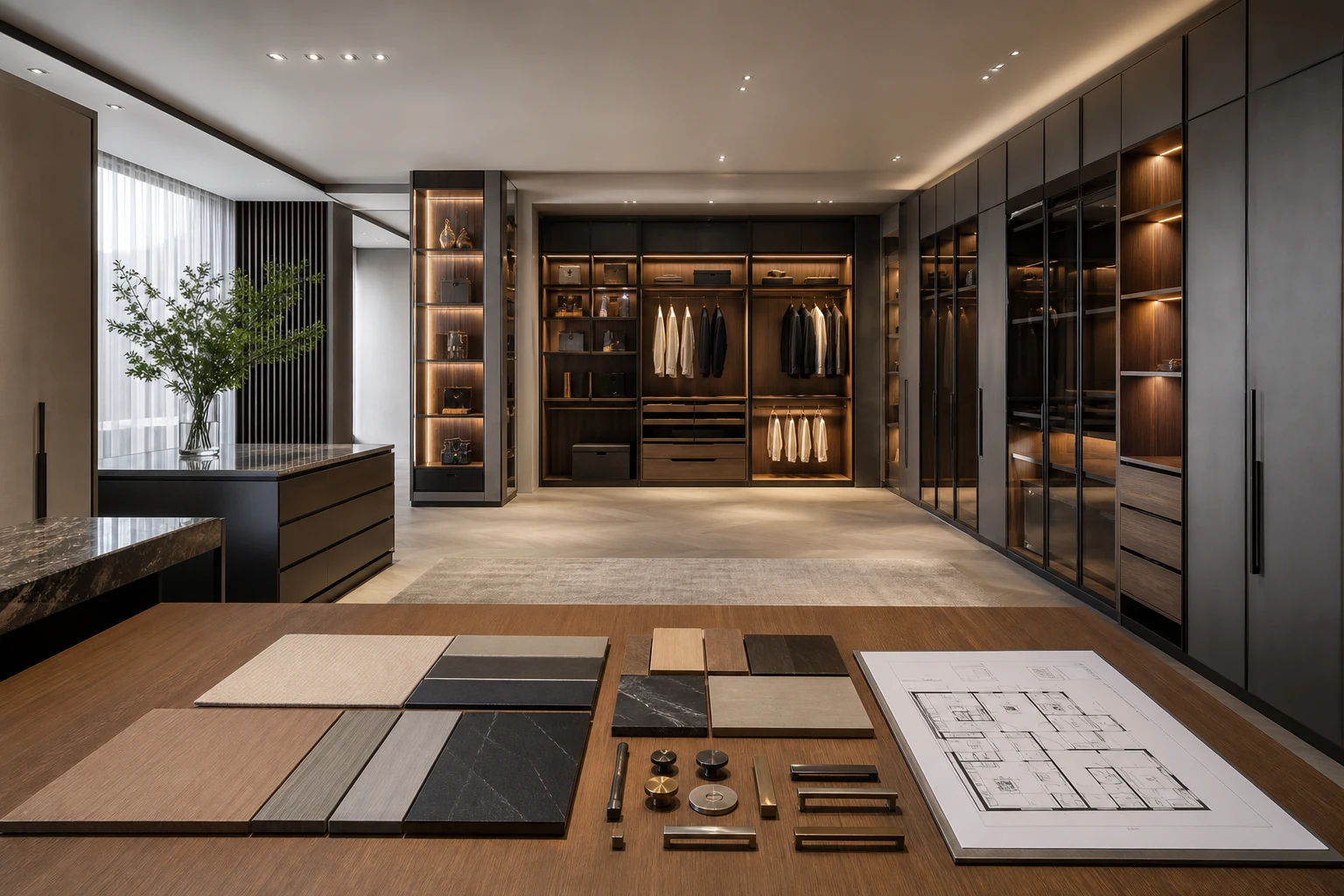 现代衣柜品牌展厅中的整墙柜体、材质样板、设计图和五金展示,体现专业选购标准