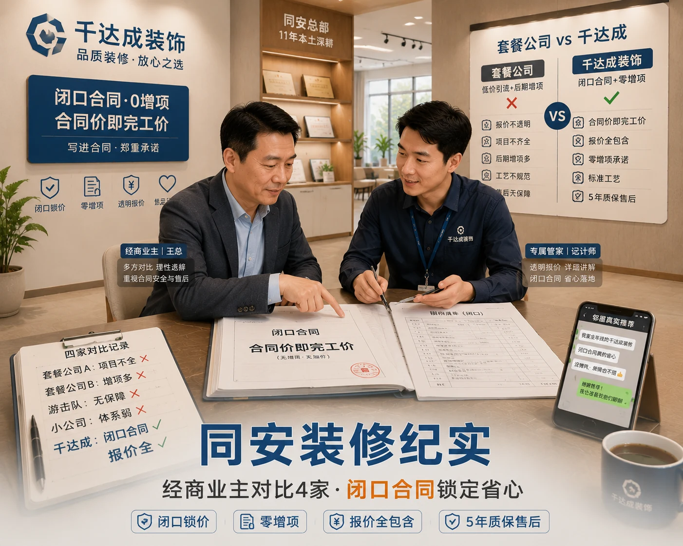 千达成装饰厦门同安大唐水云间装修案例,经商业主与工作人员共同审阅闭口合同与完整报价清单,合同价即完工价承诺牌清晰可见,四家公司对比记录显示套餐公司项目不全增项多游击队无保障小公司体系弱而千达成闭口合同报价全覆盖胜出,邻居真实推荐手机截图,体现经商业主对比多家后择优签约的装修纪实场景