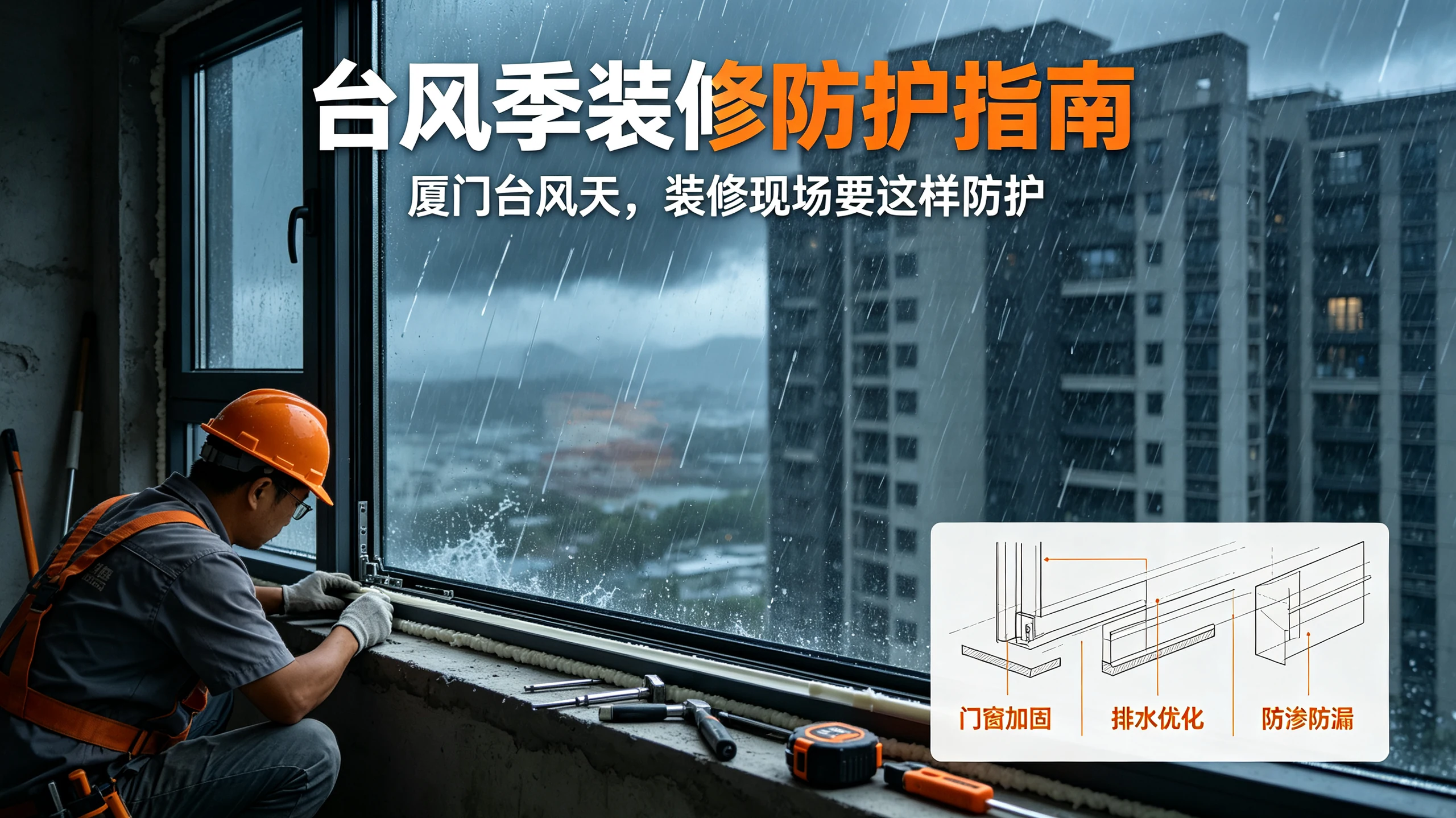 厦门台风季装修门窗加固与排水优化施工场景,千达成装饰滨海气候适配施工,窗框密封与阳台排水坡度标准化工艺展示