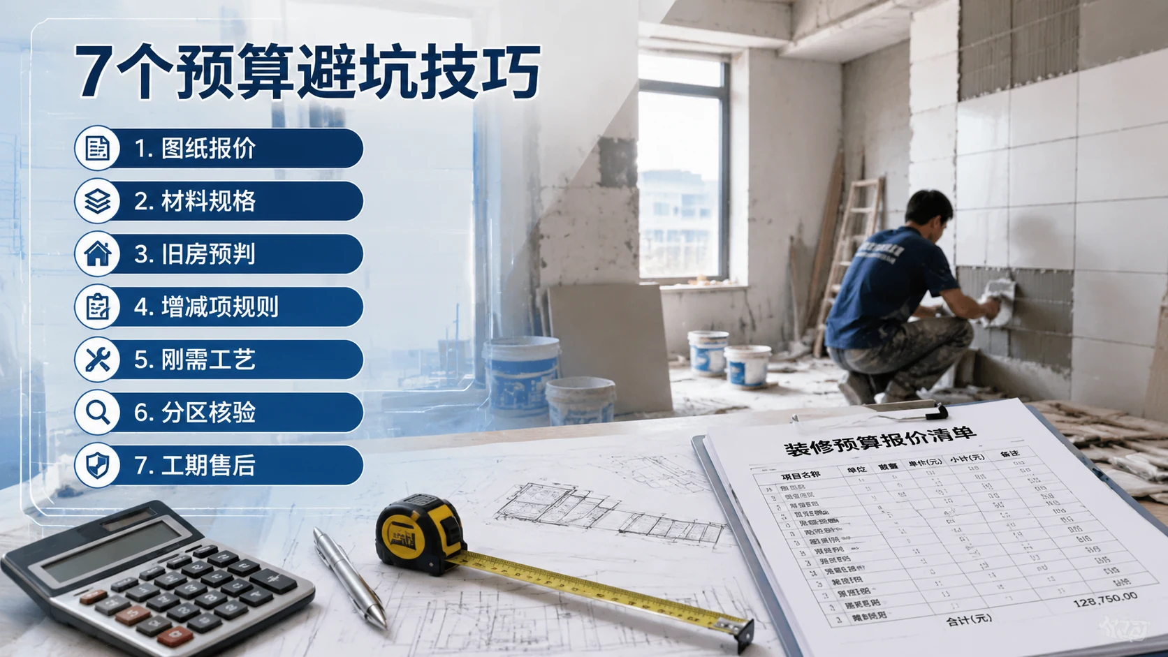 7个预算避坑技巧关键词列表(图纸报价、材料规格、旧房预判、增减项规则、刚需工艺、分区核验、工期售后)