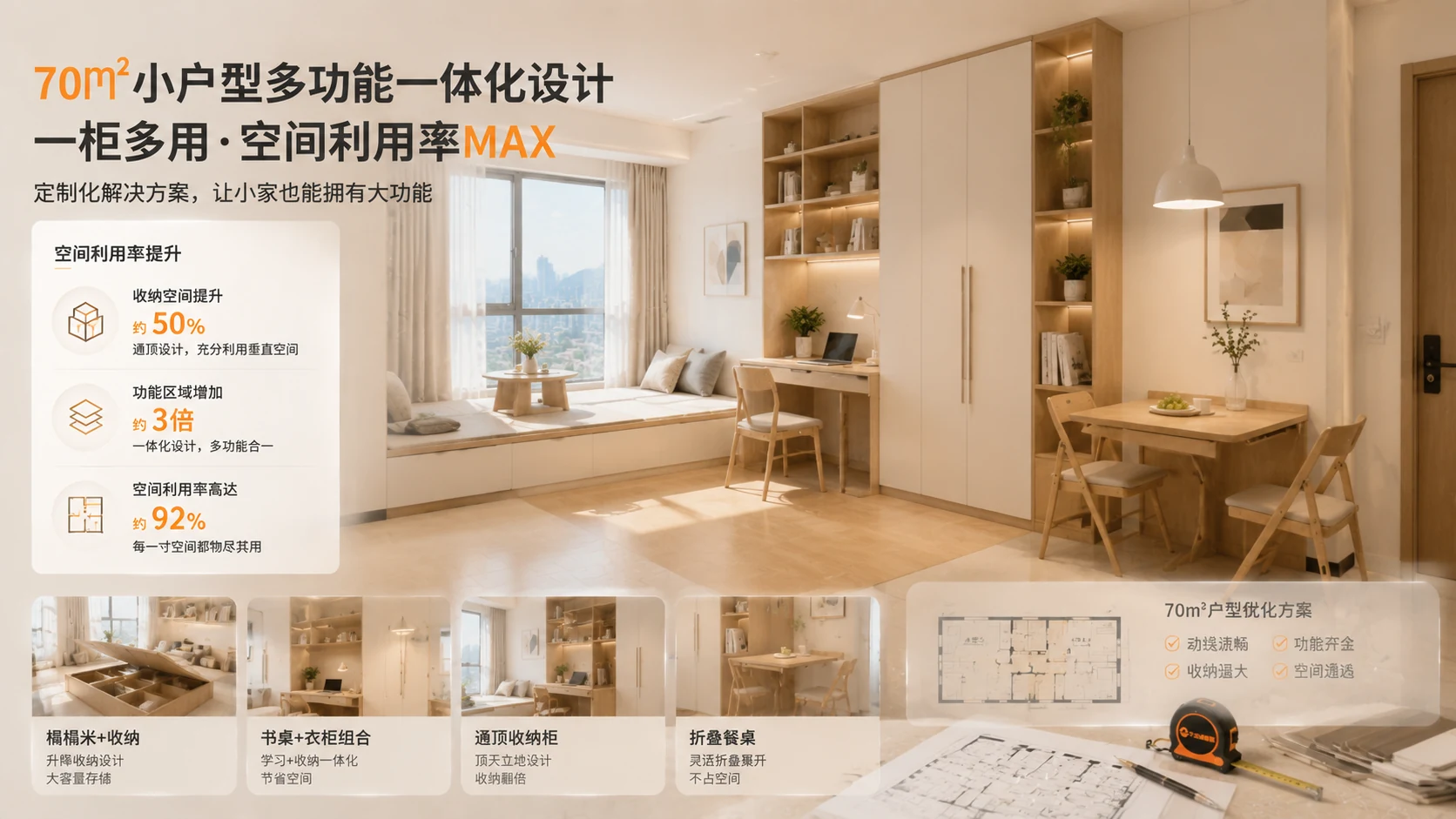 厦门住宅室内70㎡小户型装修实景，多功能一体化定制家具（榻榻米+书桌+衣柜组合、通顶收纳柜、折叠餐桌），空间利用率展示