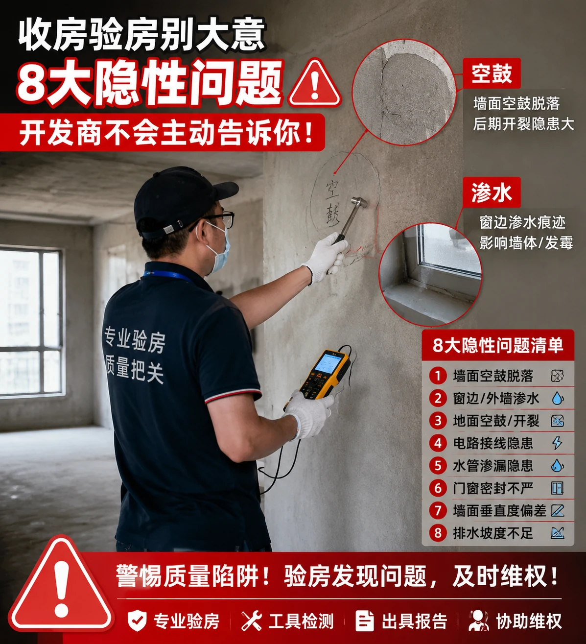 厦门收房避坑指南,开发商最易隐瞒8大房屋质量问题查验场景,验房师使用空鼓锤检测墙面空鼓,红色警示标注隐性问题