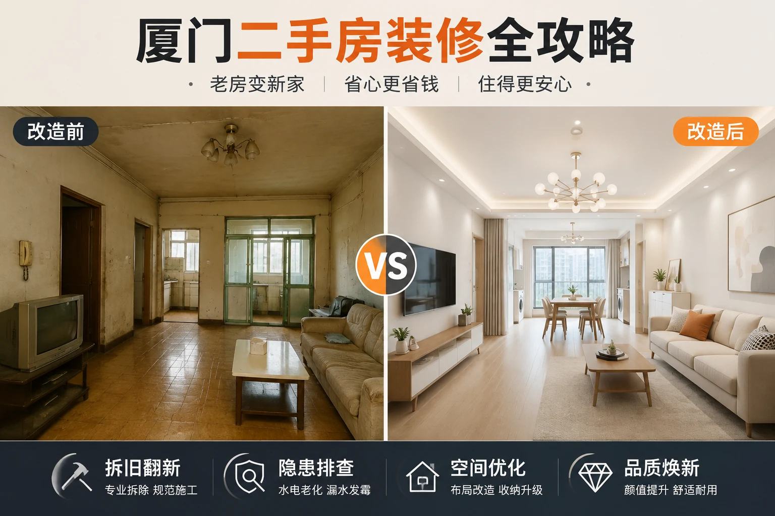 厦门二手房装修全攻略,千达成装饰拆旧翻新与隐患排查,老房改造前后对比从旧变新焕新家
