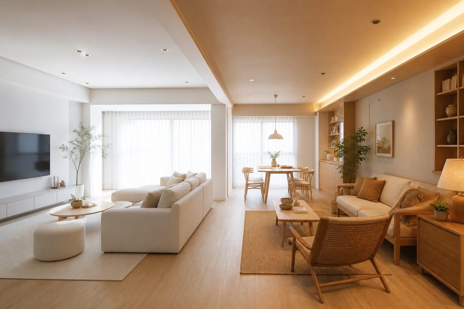 厦门住宅客餐厅或小户型室内设计空间,展示布局优化、风格统一、定制收纳与自然采光