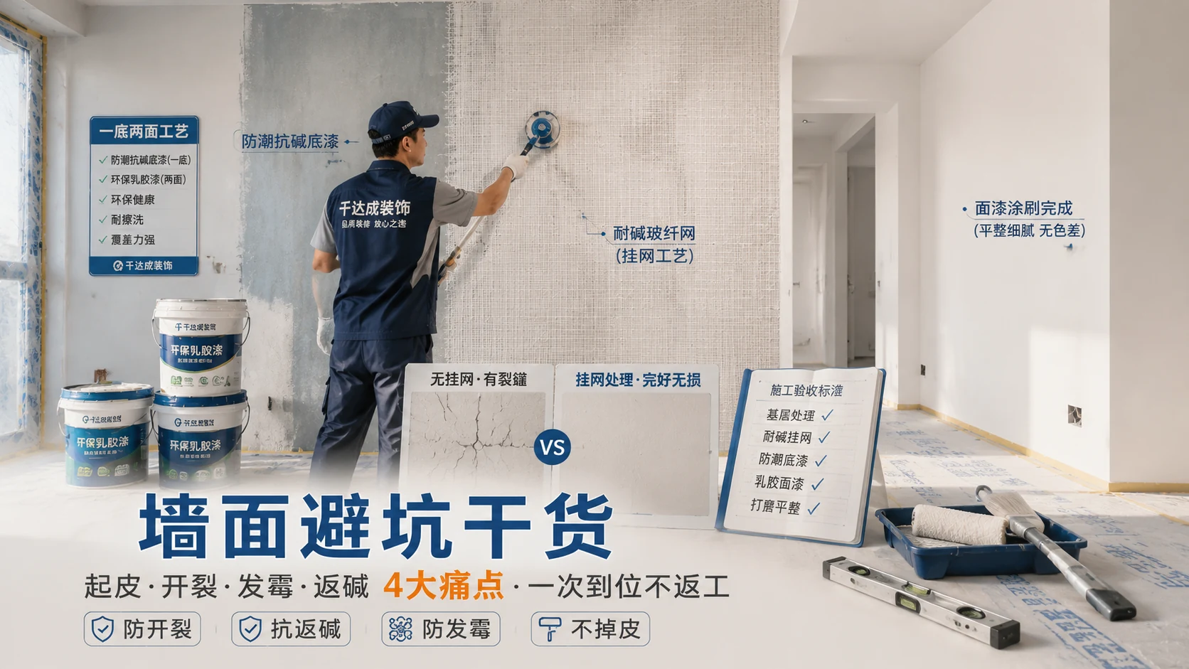 千达成装饰厦门墙面油漆施工实景,墙面挂耐碱玻纤网防裂处理,油漆师傅正在进行精细化施工,品牌环保乳胶漆材料可见,一底两面工艺标识牌,阴阳角顺直平整,挂网防裂效果对比样板展示,体现基层处理挂网防裂底漆封闭一底两面全流程标准化墙面工艺
