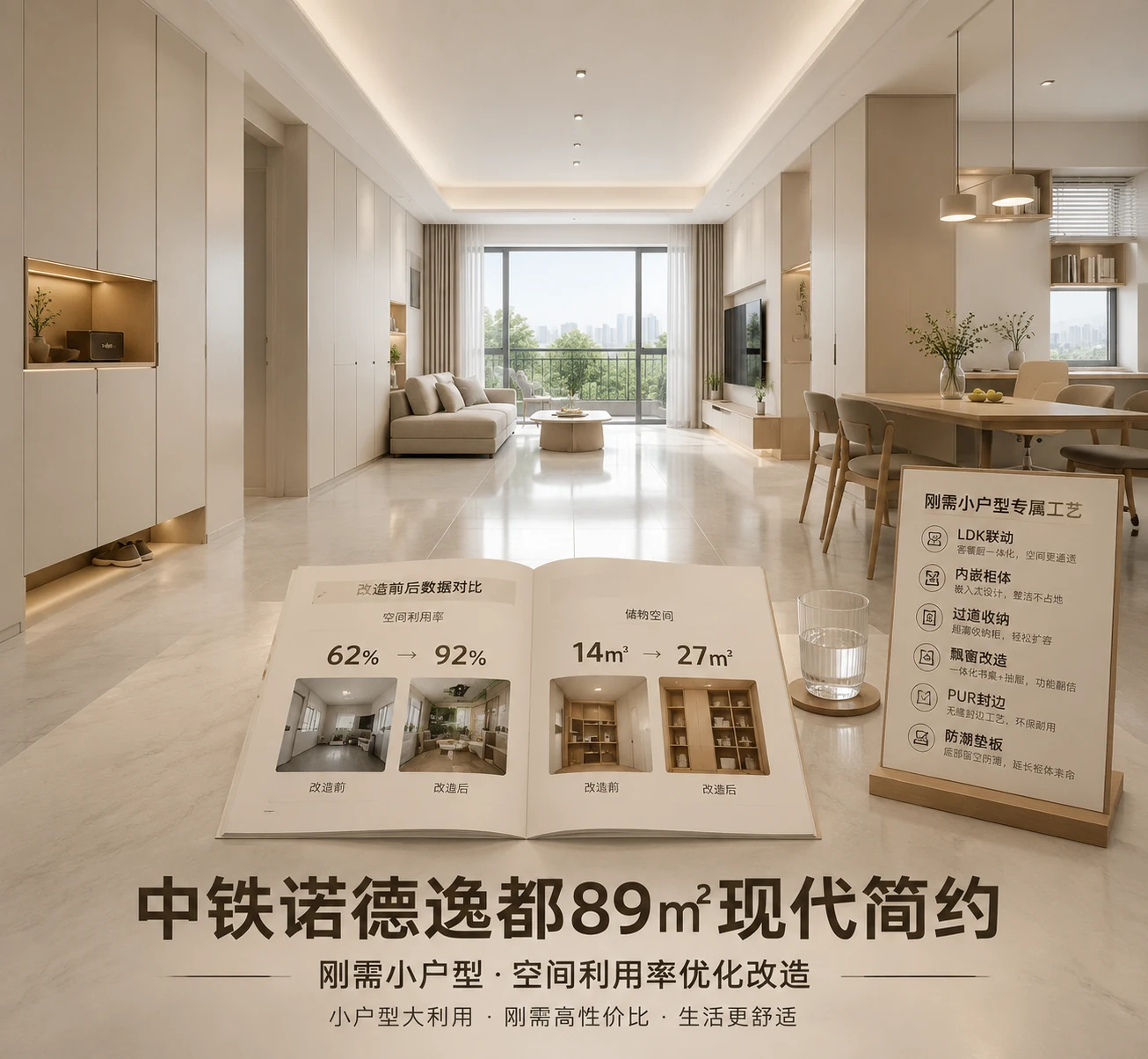 千达成装饰厦门同安中铁诺德逸都89㎡现代简约实景,客餐厅与阳台打通通透开阔,内嵌式玄关鞋柜过道超薄收纳柜与墙面平整衔接,飘窗一体化书桌利用闲置面积,改造前后数据对比图册展示空间利用率62%至92%储物14至27m³的提升,刚需小户型专属工艺展示板列出六项核心工艺,体现89㎡刚需小户型空间利用率优化改造效果