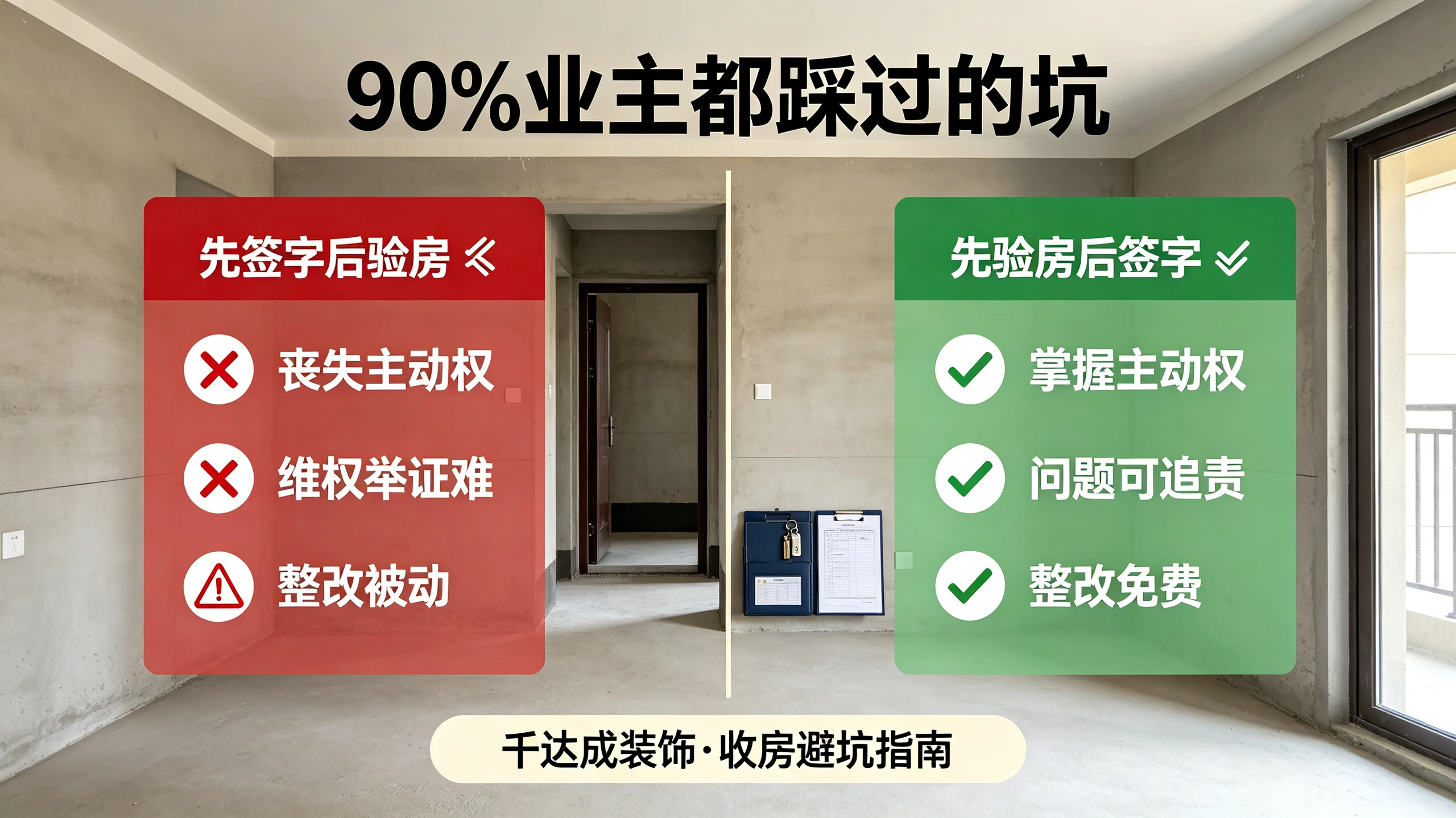 厦门收房流程先验房还是先签字,90%业主踩过的坑,先签字后验房丧失维权主动权,先验房后签字合规流程对比,千达成装饰收房避坑指南