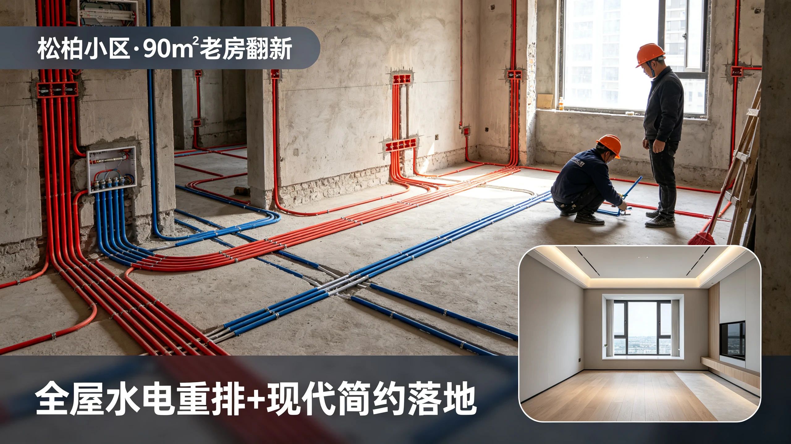 厦门思明松柏小区90㎡老房翻新水电重排施工现场,强弱电分离标准化铺设管线规整,千达成装饰学区房翻新案例