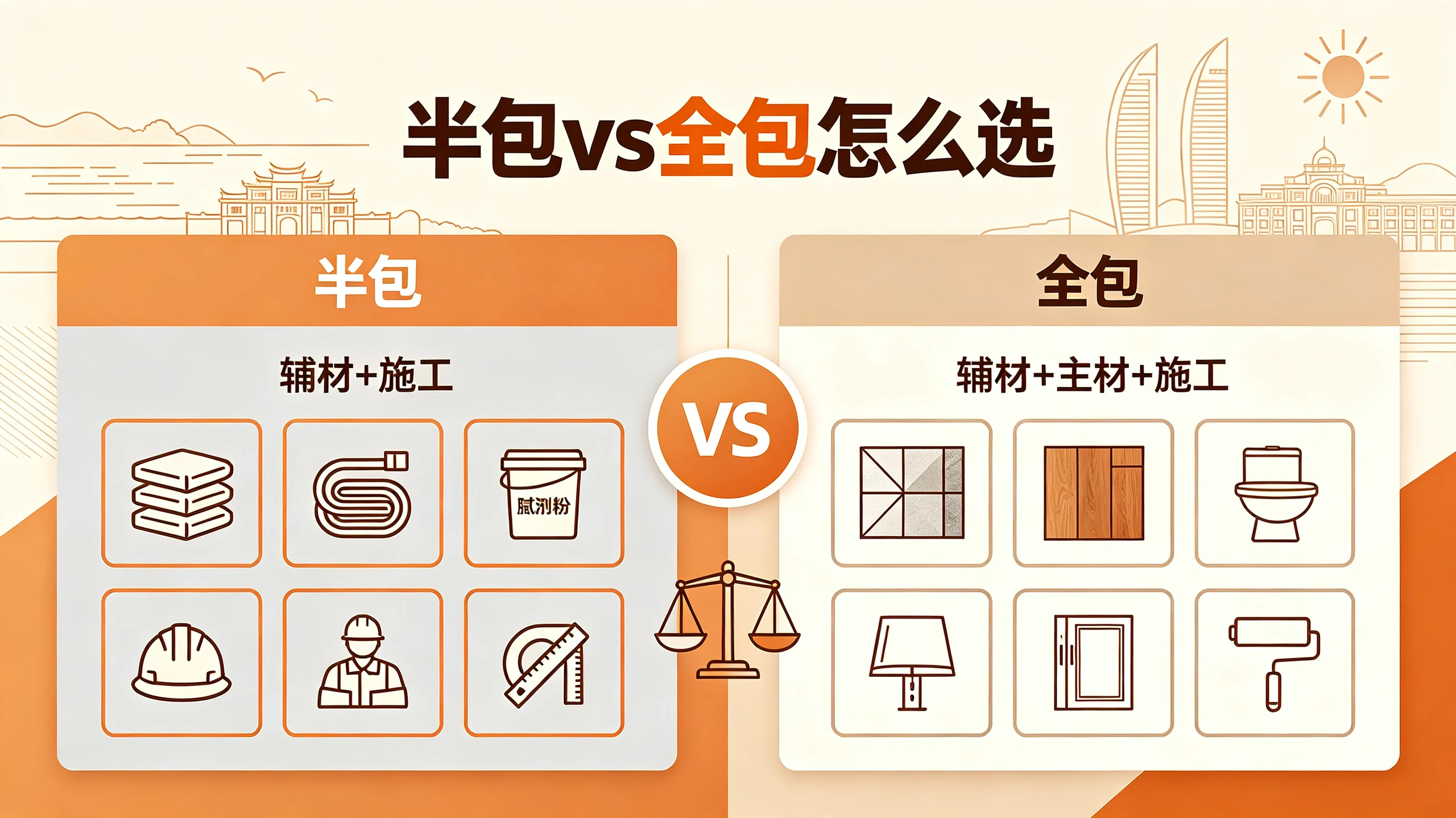 厦门装修选半包还是全包?文章封面图,对比半包全包的定义、价格、优缺点,厦门本地装修模式选择指南