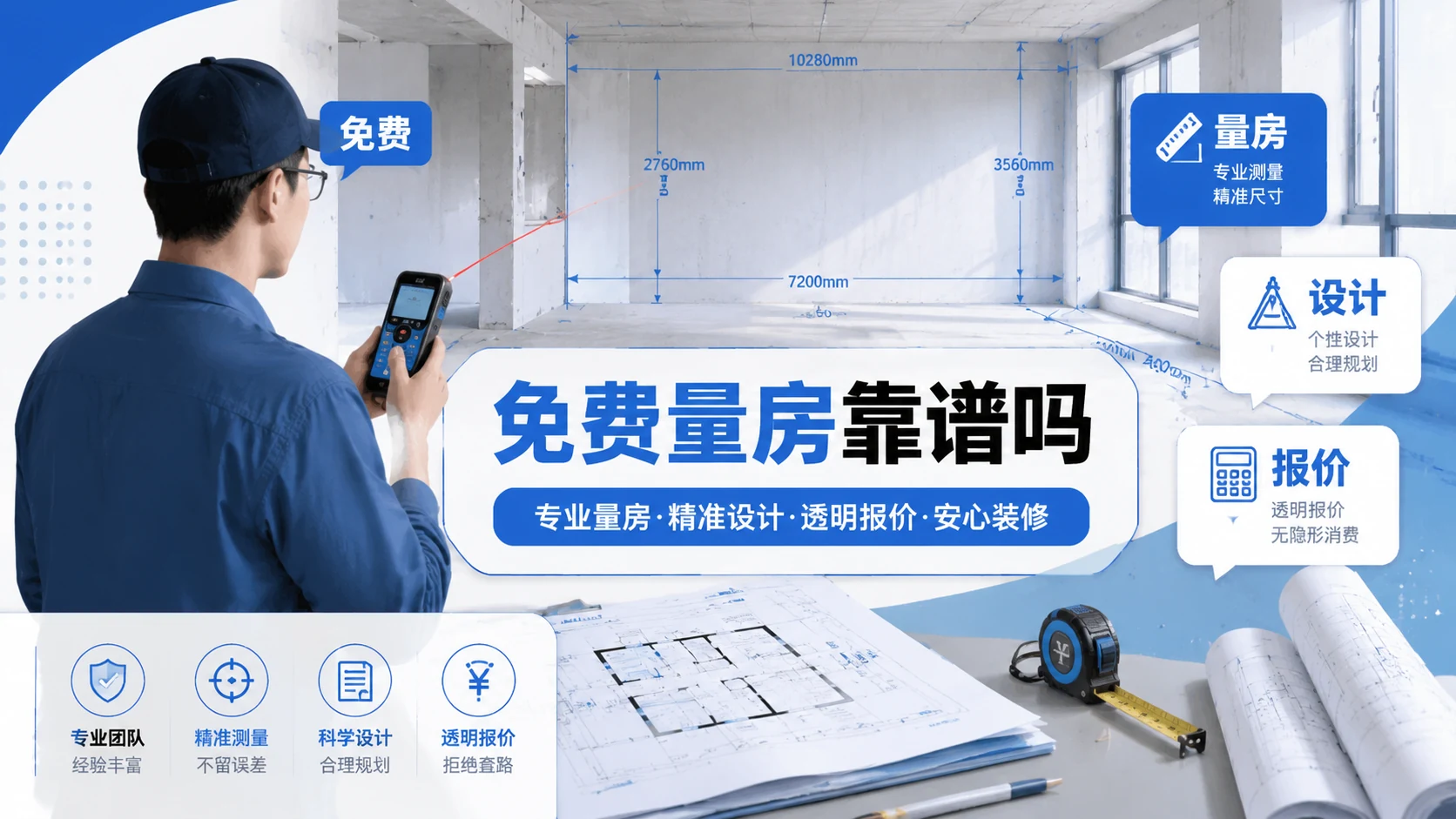 装修公司免费量房靠谱吗?文章封面图,涵盖免费量房的本质、常见套路、辨别方法,装修量房知识科普