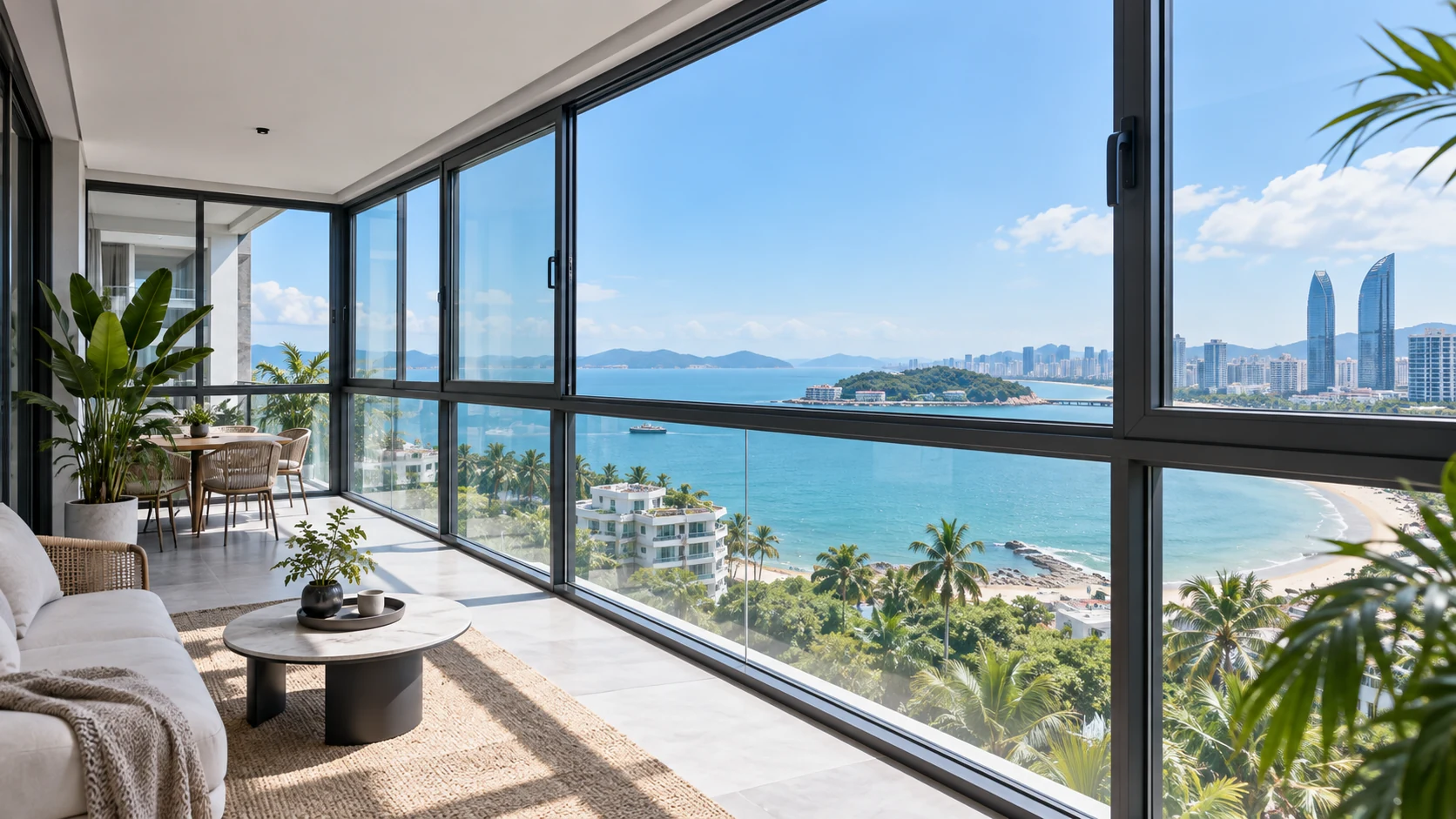 厦门沿海公寓阳台封窗,黑框玻璃门窗、海湾景观与热带绿植,现代建筑摄影