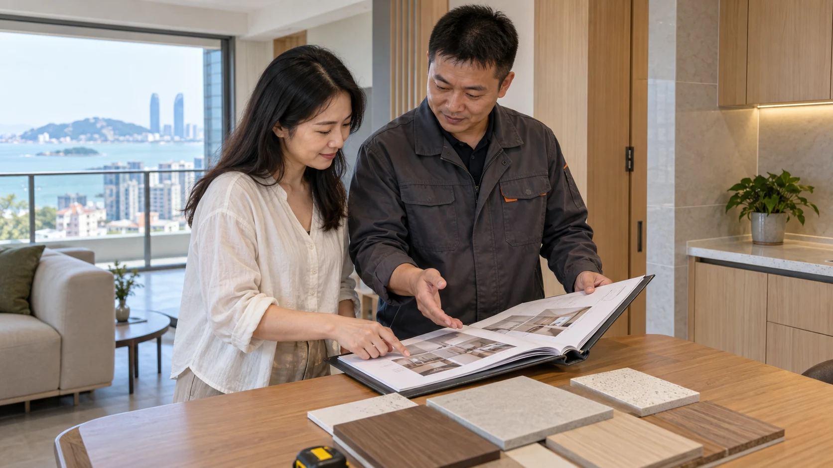 完工住宅内,业主与项目经理查看交付资料和饰面样品,背景可见柜体与瓷砖接缝,体现口碑证据核查。
