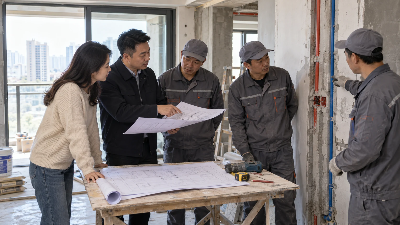 业主与项目经理在实际公寓工地和固定施工班组共同查看施工计划,现场人员直接讨论责任与工序安排。