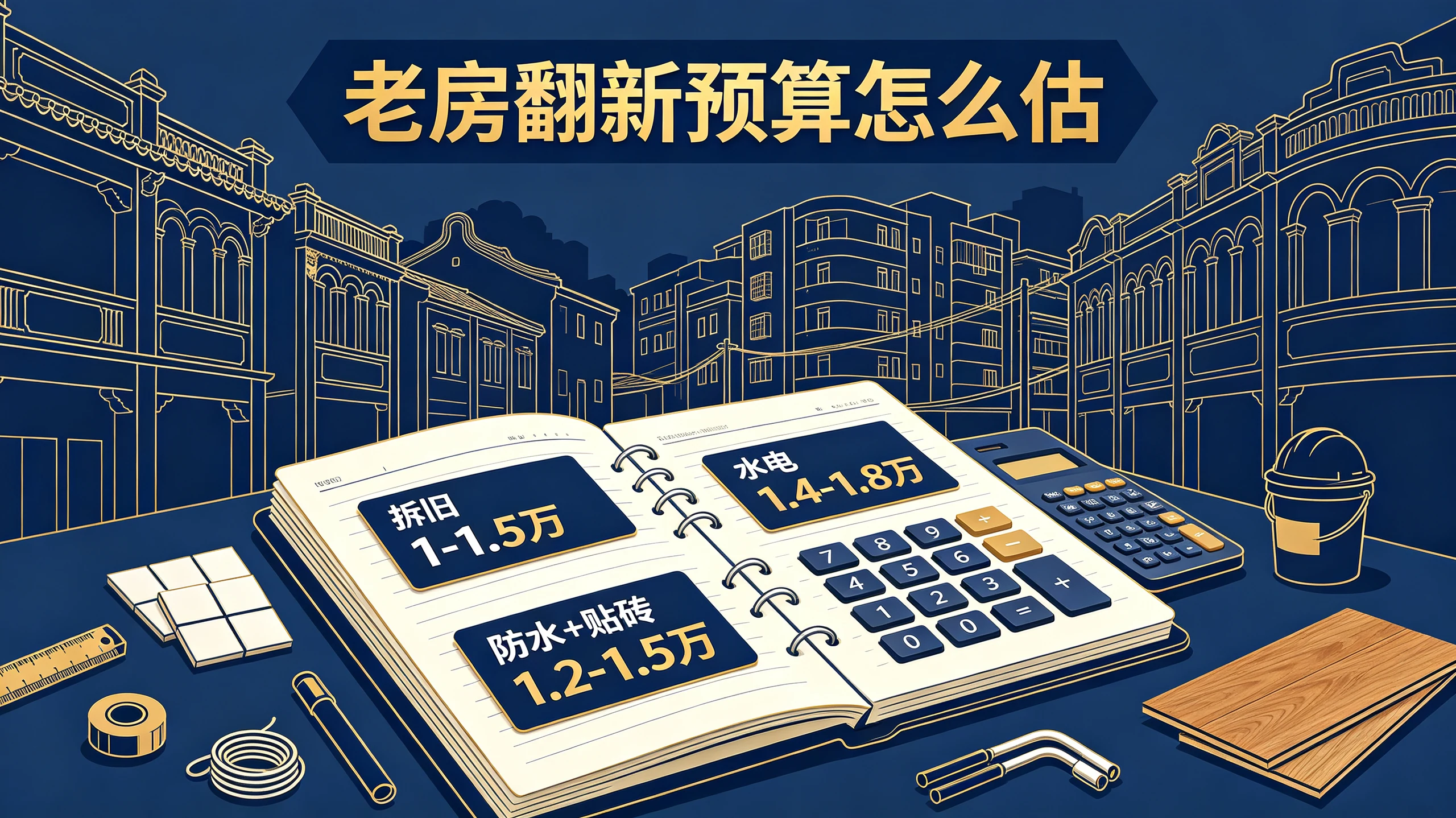 厦门老房翻新预算怎么估?文章封面图,涵盖老房翻新费用构成、不同改造深度预算参考、真实案例拆解,厦门本地老房翻新预算指南