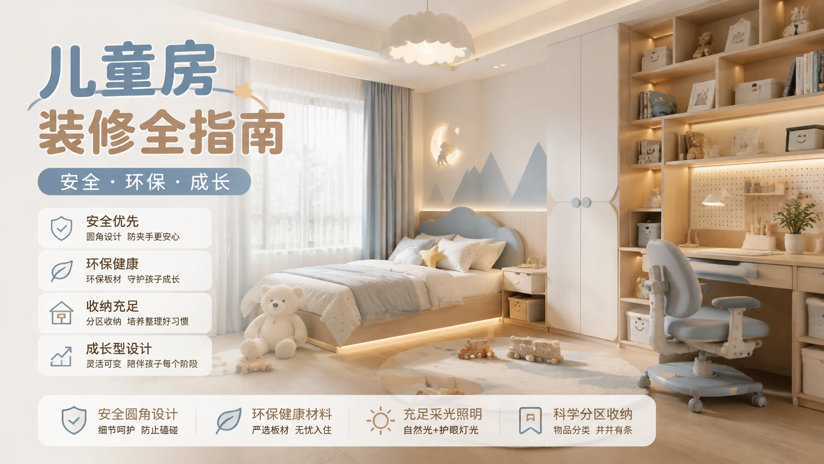 厦门儿童房装修全指南:安全环保选材、成长型设计布局、分龄设计要点,千达成装饰ENF级板材与低VOC环保漆儿童房完工实景案例