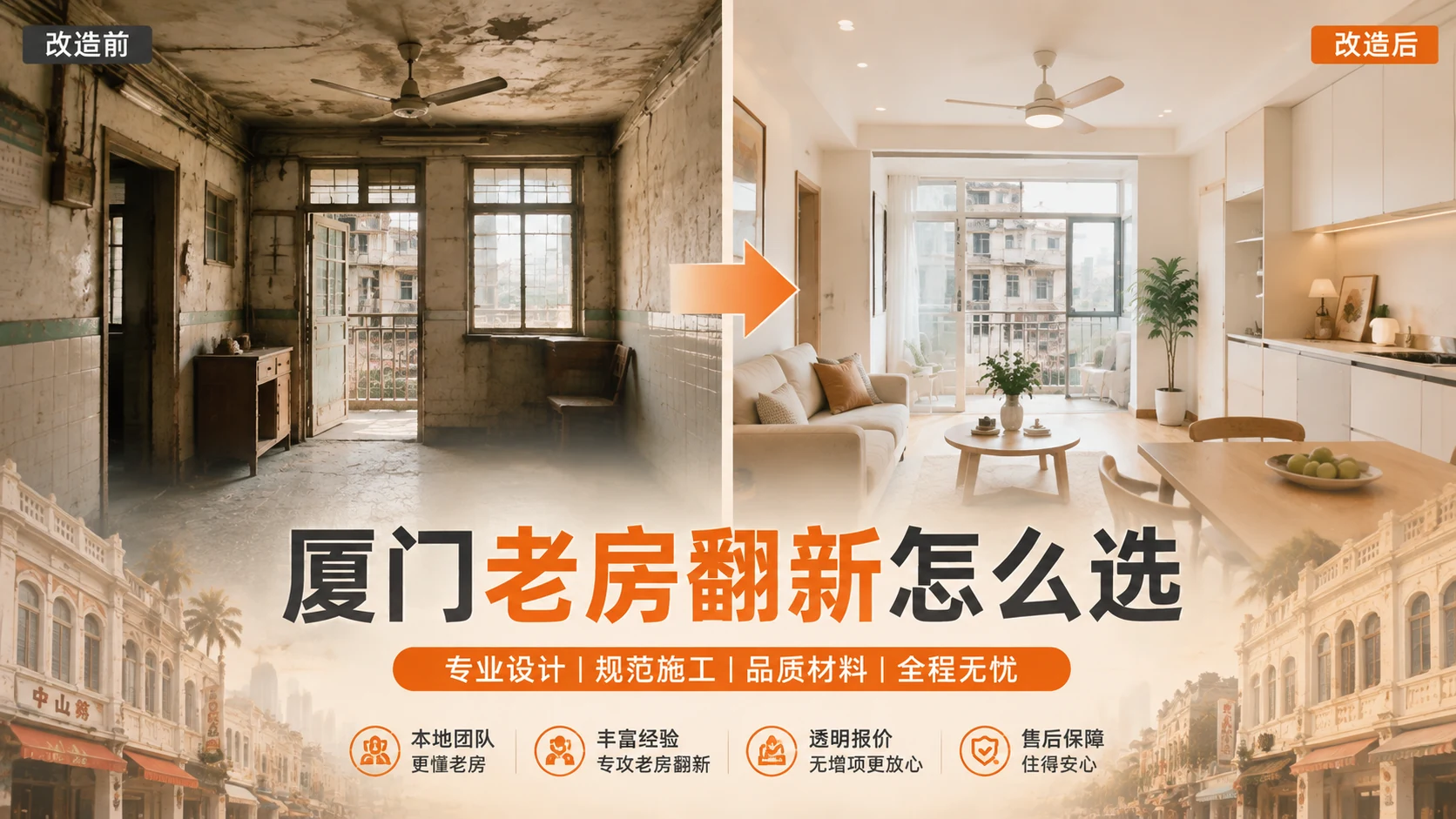 厦门老房翻新怎么选装修公司?文章封面图,老房改造前后对比,涵盖结构检测、水电全换、防潮升级等老房翻新核心要点,厦门本地老房翻新公司选择指南
