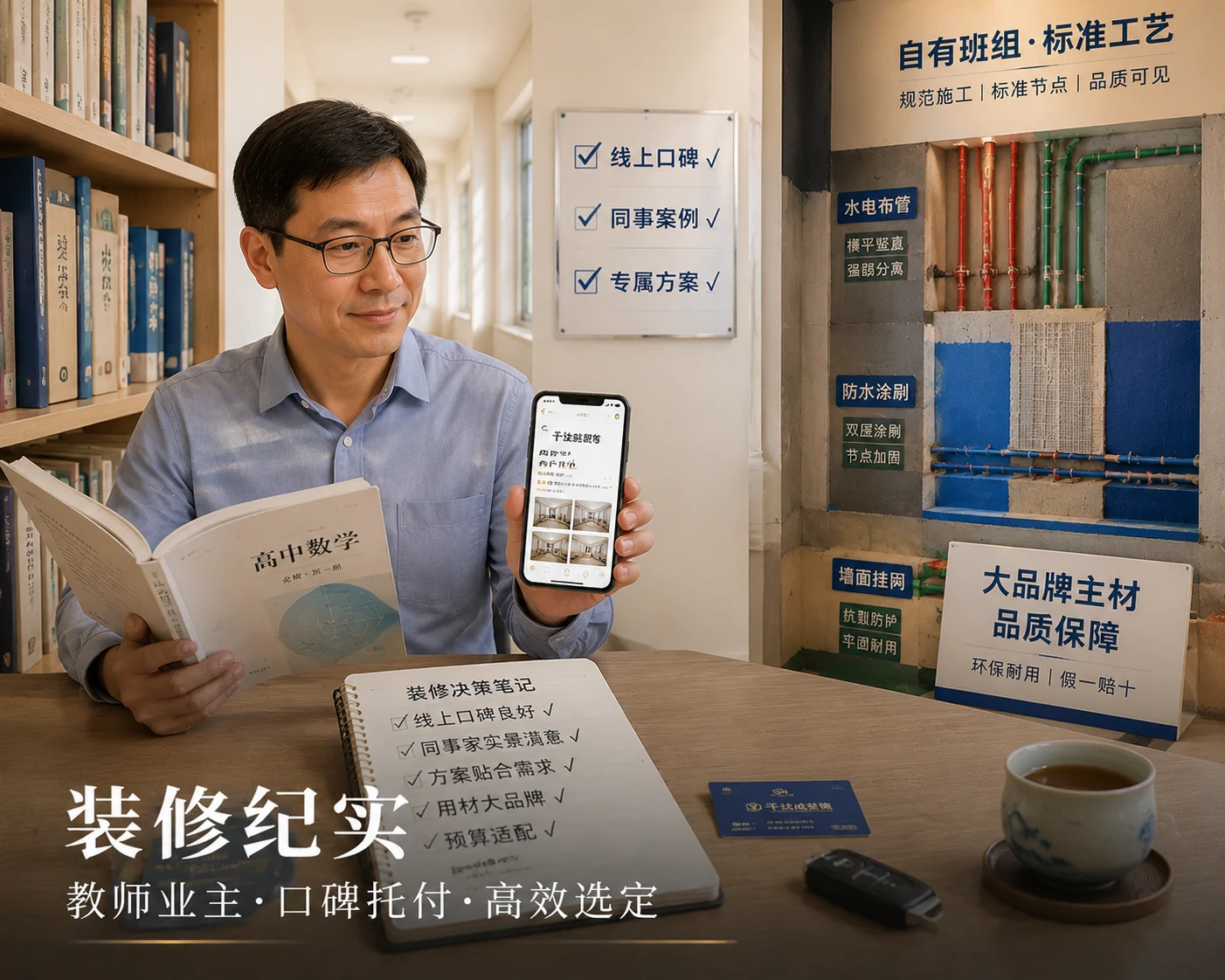 千达成装饰厦门教师装修案例,高中教师业主手拿教案与手机查看品牌口碑评价,千达成工艺展厅展示水电防水挂网等标准化工艺节点,决策笔记记录线上口碑同事案例专属方案用材大品牌预算适配五项核验全部打勾,体现职场繁忙人群依托口碑与熟人背书高效选定千达成装饰的装修纪实场景