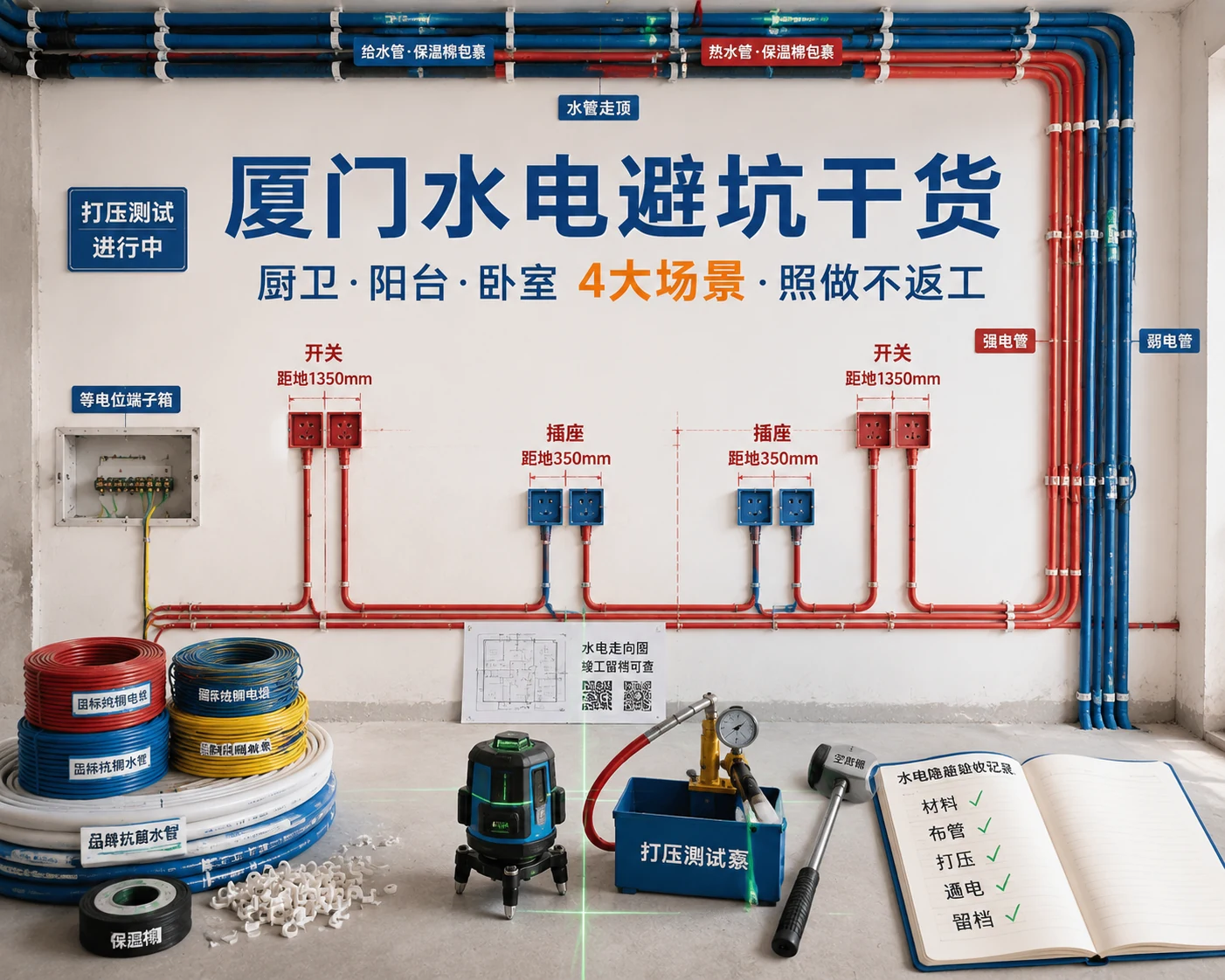 千达成装饰厦门水电施工实景,墙面水管走顶带保温棉包裹,强弱电分离分槽分管排布,开关插座点位标注清晰,管卡固定间距均匀,地面摆放国标电线与品牌水管等材料,打压测试泵和验收记录本体现标准化验收流程,水电走向图可查,展现规范透明不返工的水电工程