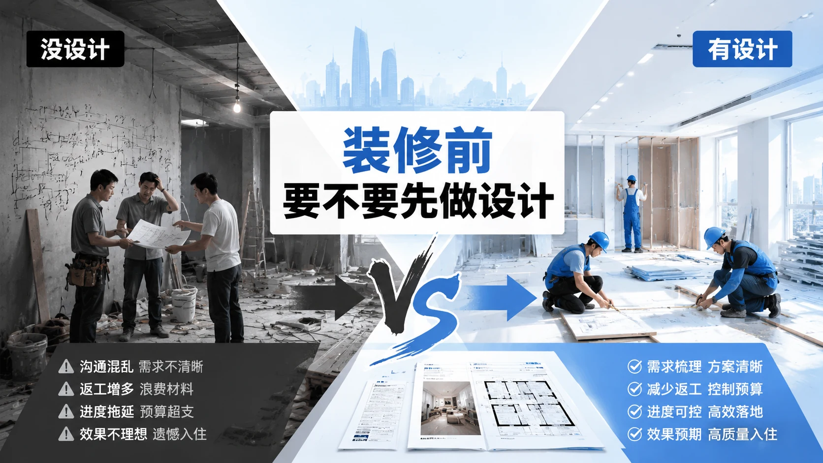 装修前要不要先做设计?文章封面图,涵盖设计重要性、有设计vs没设计对比、设计费用参考,装修设计价值解析
